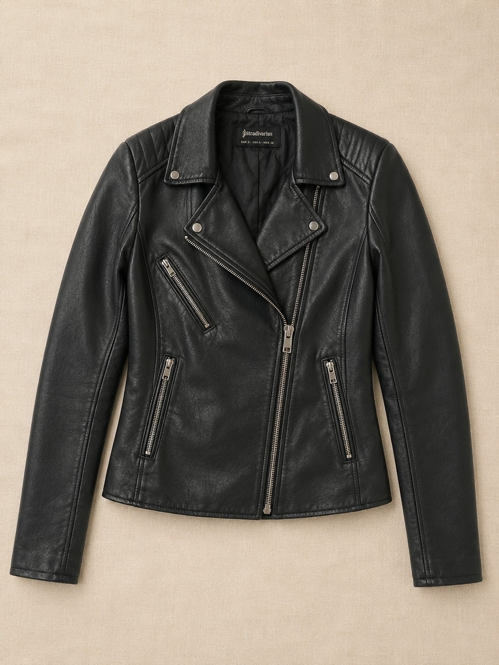 Stradivarius Black Asymmetric Leather Biker Jacket